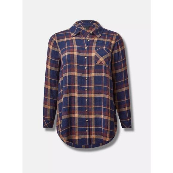 Torrid Lizzie Crinkle Flannel Gauze Button Up Tunic Navy Plaid Plus Size 3 3X - Picture 11 of 13